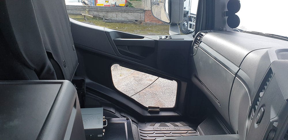 Mercedes Arocs passenger door - Drivers view - fitted with the Astra ClearView – Additional Low Level Passenger Side (Blind spot) Window for Heavy Goods and Commercial Vehicles