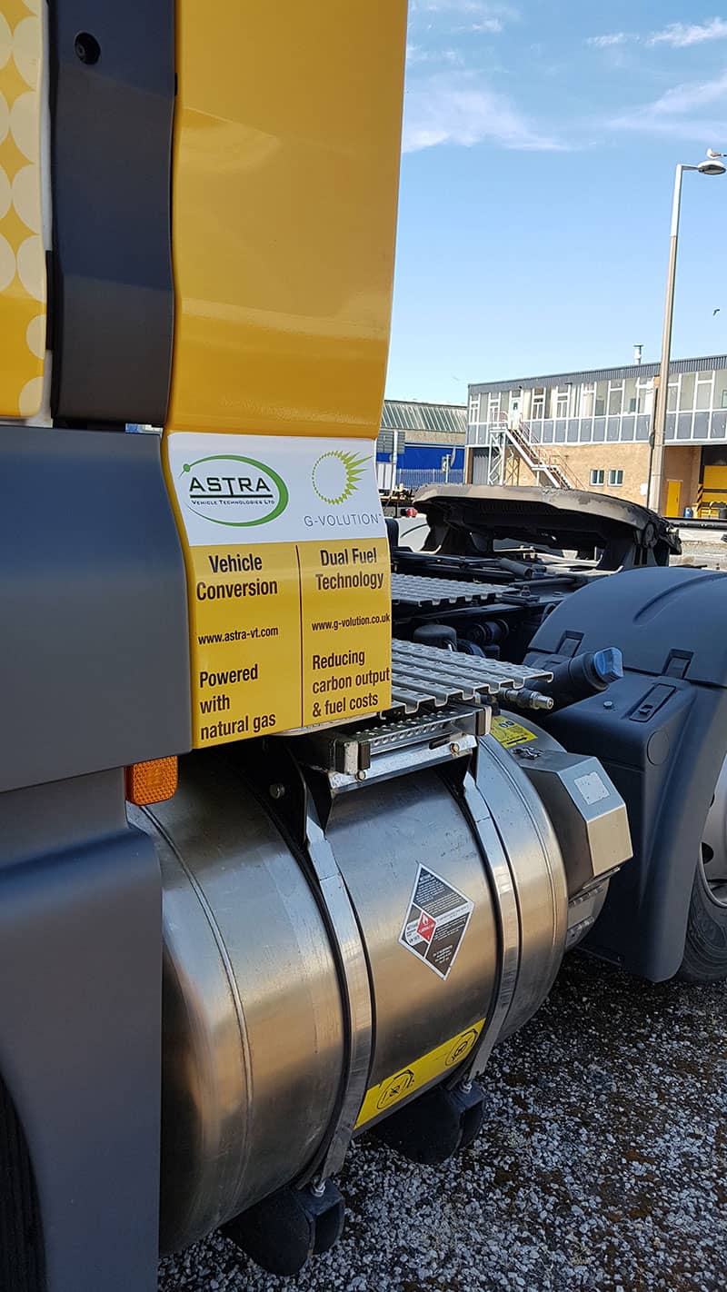 A dual fuel tank - vehicle conversion by Astra Vehicle Technologies allowing the vehicle to run on a blend of diesel and Liquid Natural Gas (LNG) reducing all of the toxic exhaust pollutants