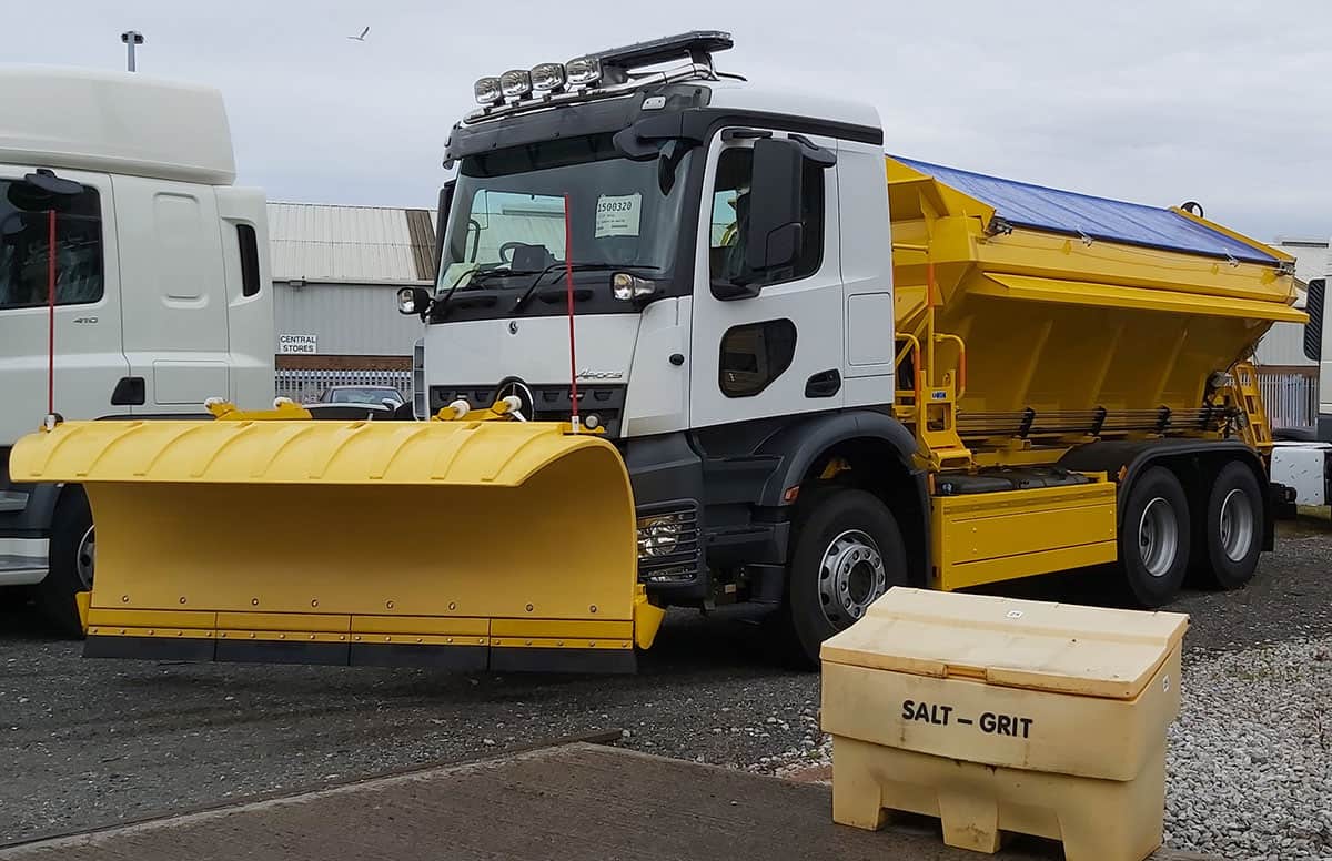 Mercedes Arocs Gritter fitted with the Astra ClearView – Additional Low Level Passenger Side (Blind spot) Window for Heavy Goods Vehicles